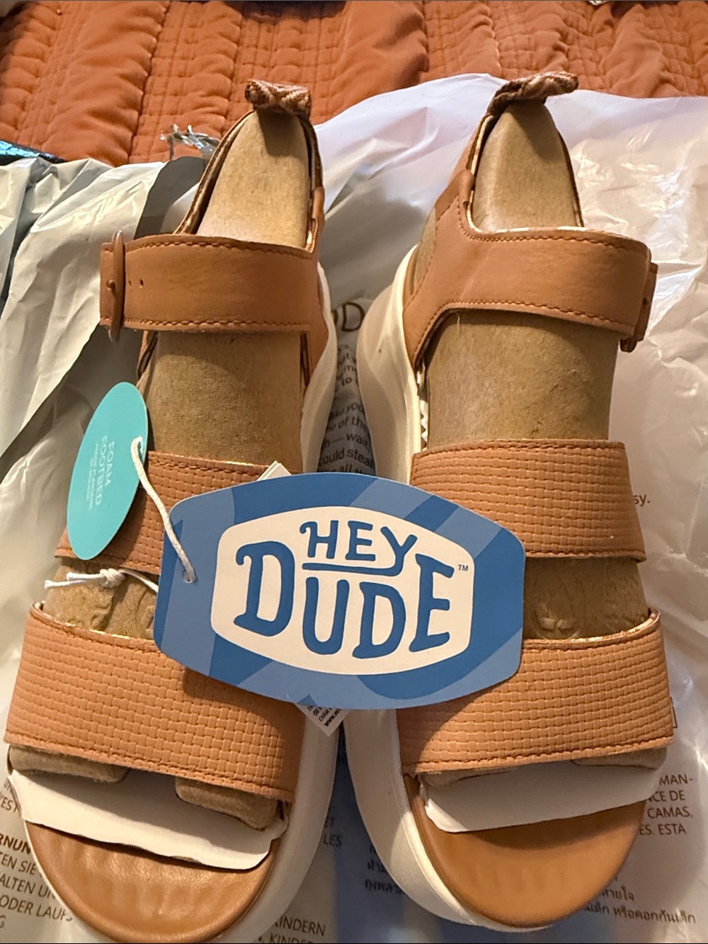 Hey Dude Tan and White Platform Sandals with Double Straps